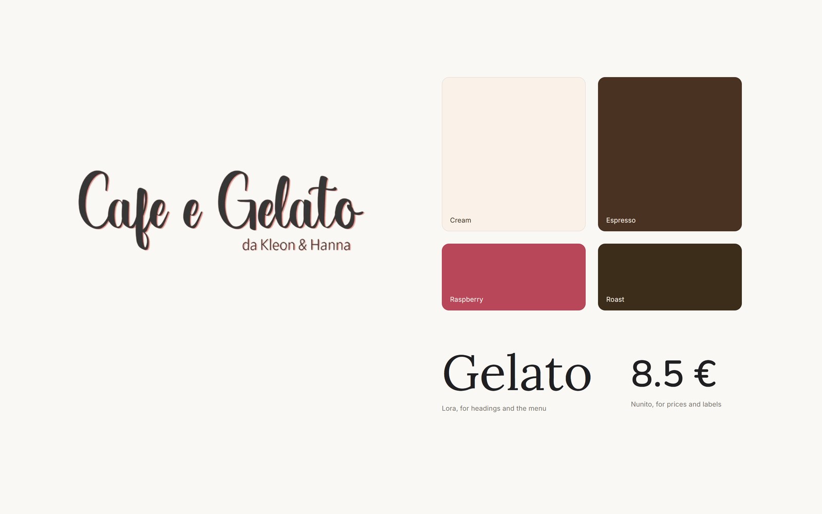 The Cafe e Gelato wordmark with the colour palette and the two typefaces