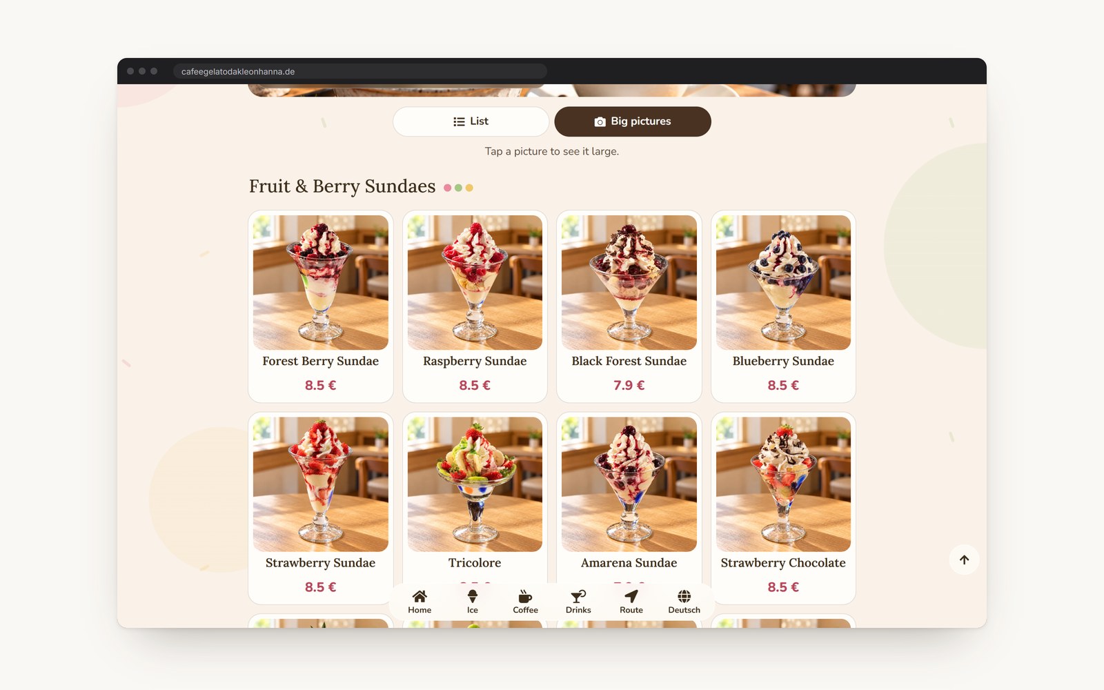 The ice cream in pictures page on a desktop: a grid of sundae photos with their prices