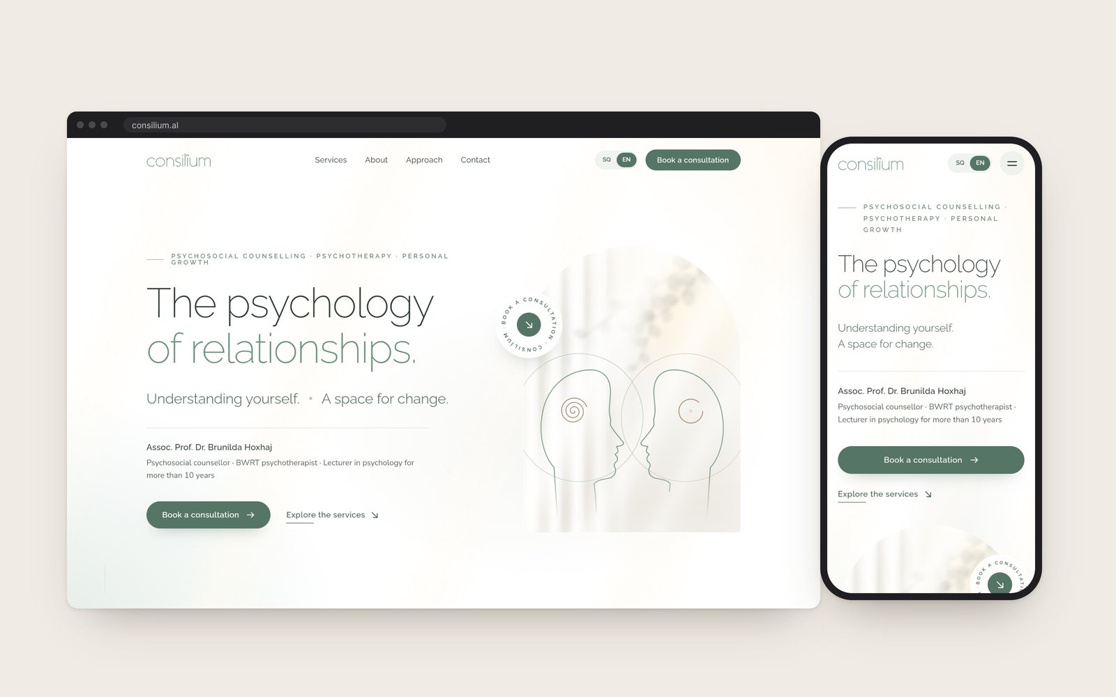 The Consilîum home page in English in a browser, with the phone view beside it