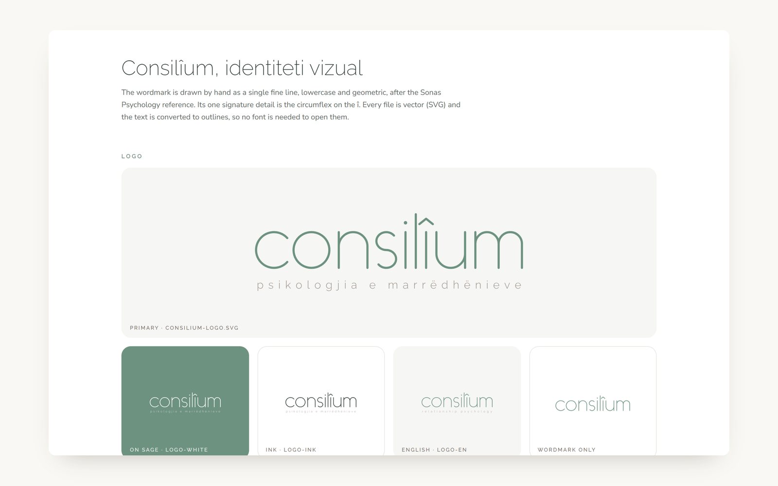The Consilîum logo: the wordmark with its line psikologjia e marrëdhënieve, and its versions on sage, in ink, in English and without the line