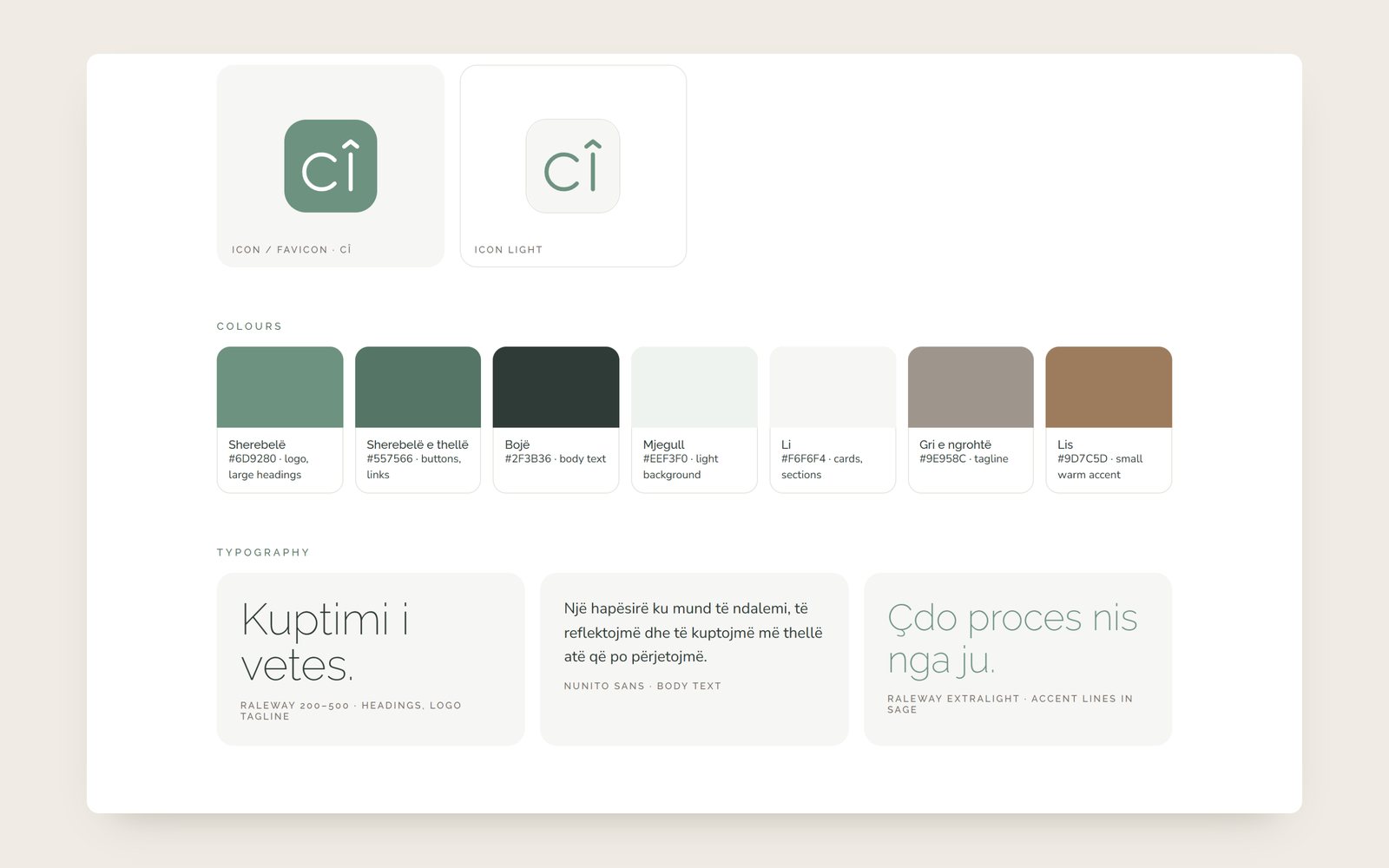 The icon cî, the seven colours from sage to a warm brown, and the type: Raleway and Nunito Sans