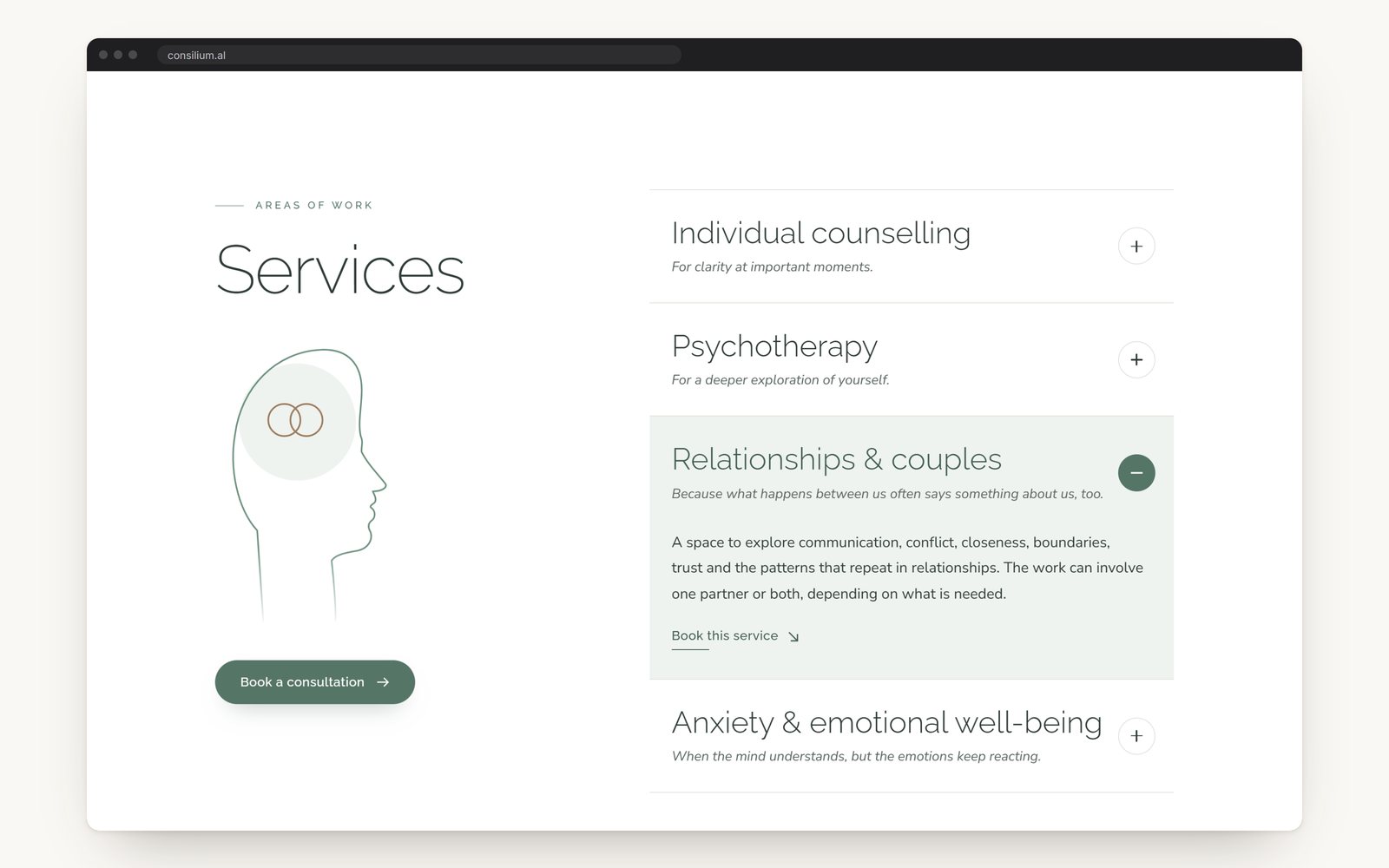 The five areas of work, relationships and couples open, its drawing beside the list