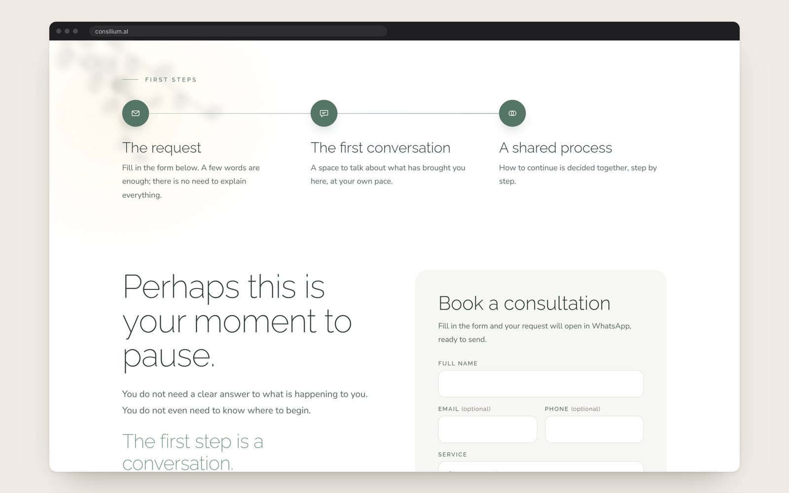 The three first steps and the booking form