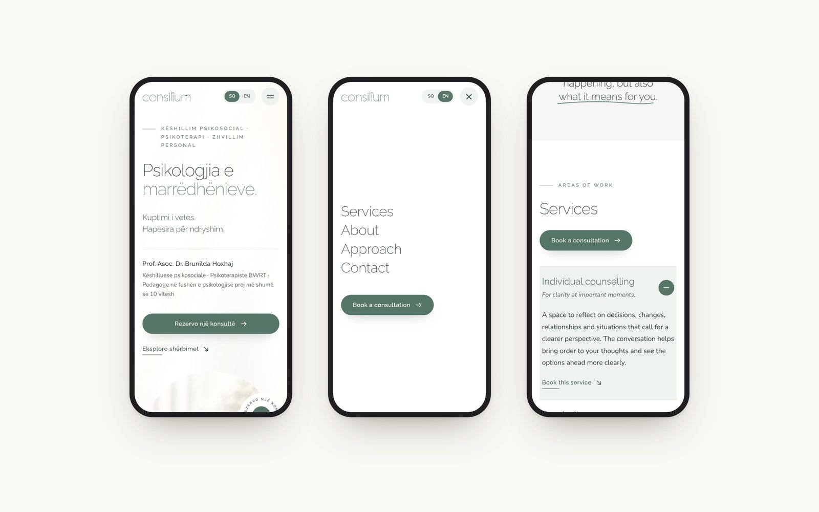 Three phone screens: the home page in Albanian, the menu, the services