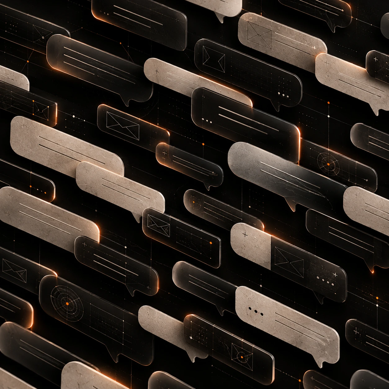 Message bubbles and envelopes in stone and dark glass