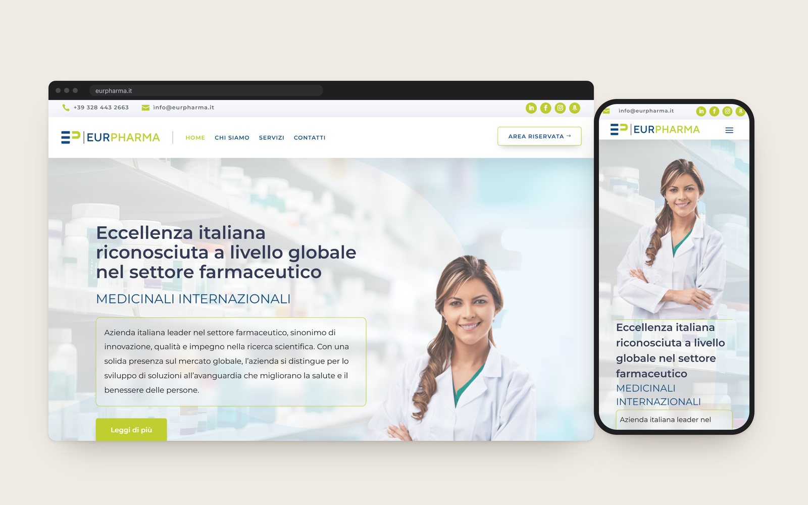 The Eurpharma home page in a browser, with the phone view beside it
