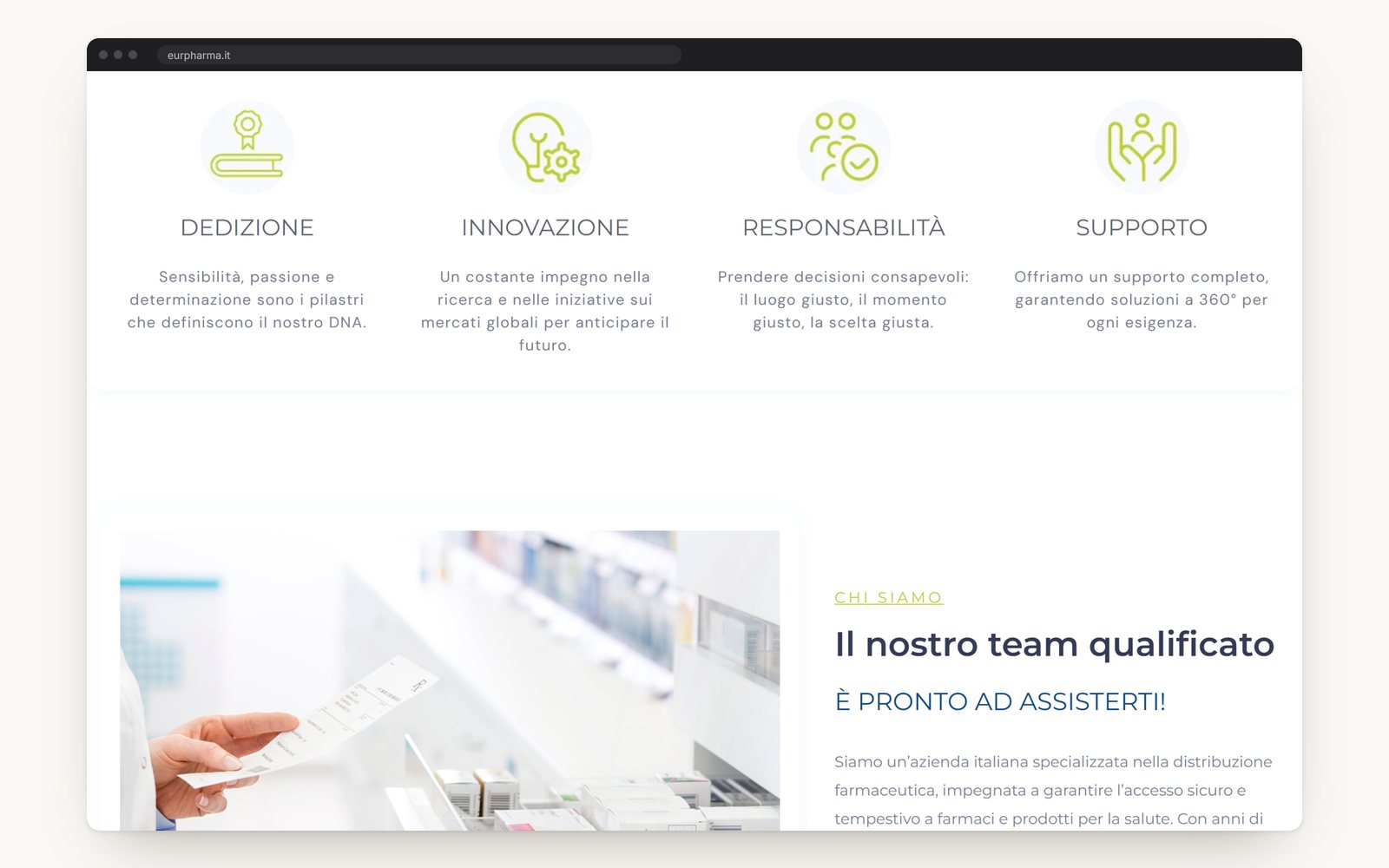 The four values on the home page, each with its own line icon: dedication, innovation, responsibility, support