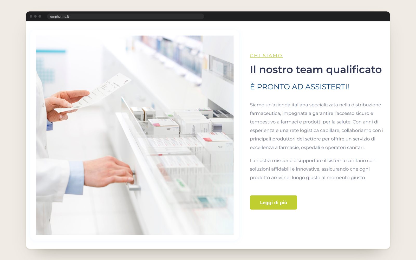 The home page section that introduces the company, beside a photograph of a pharmacy drawer