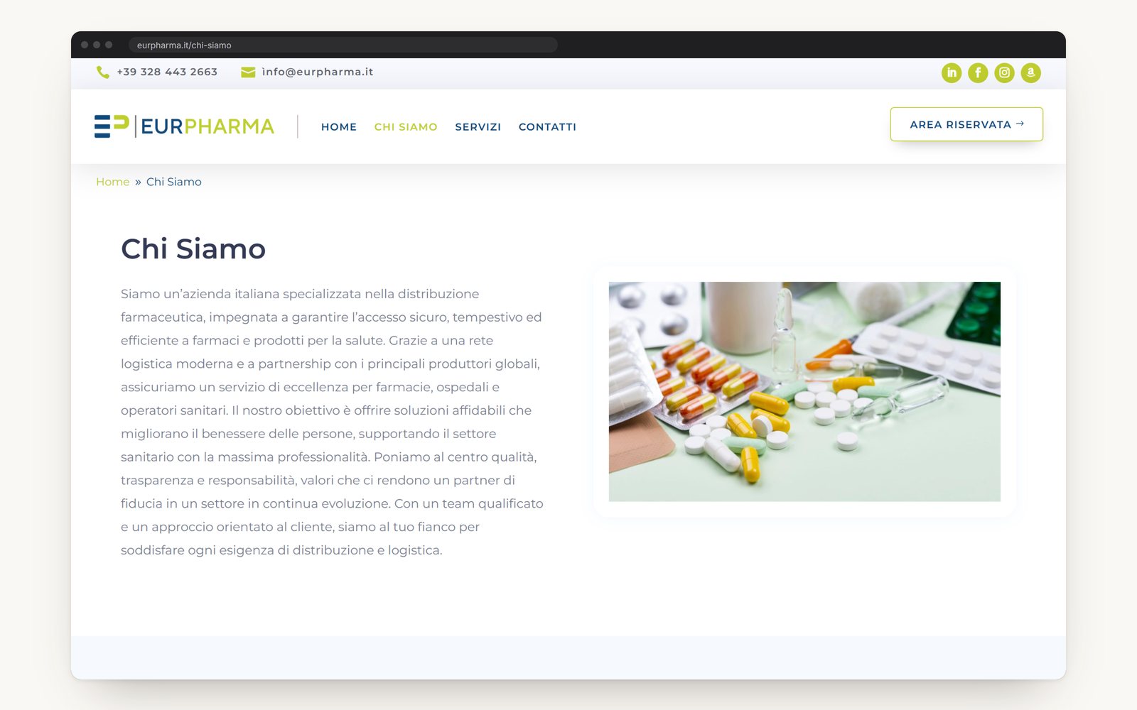 The About page: who Eurpharma is, beside a photograph of medicines