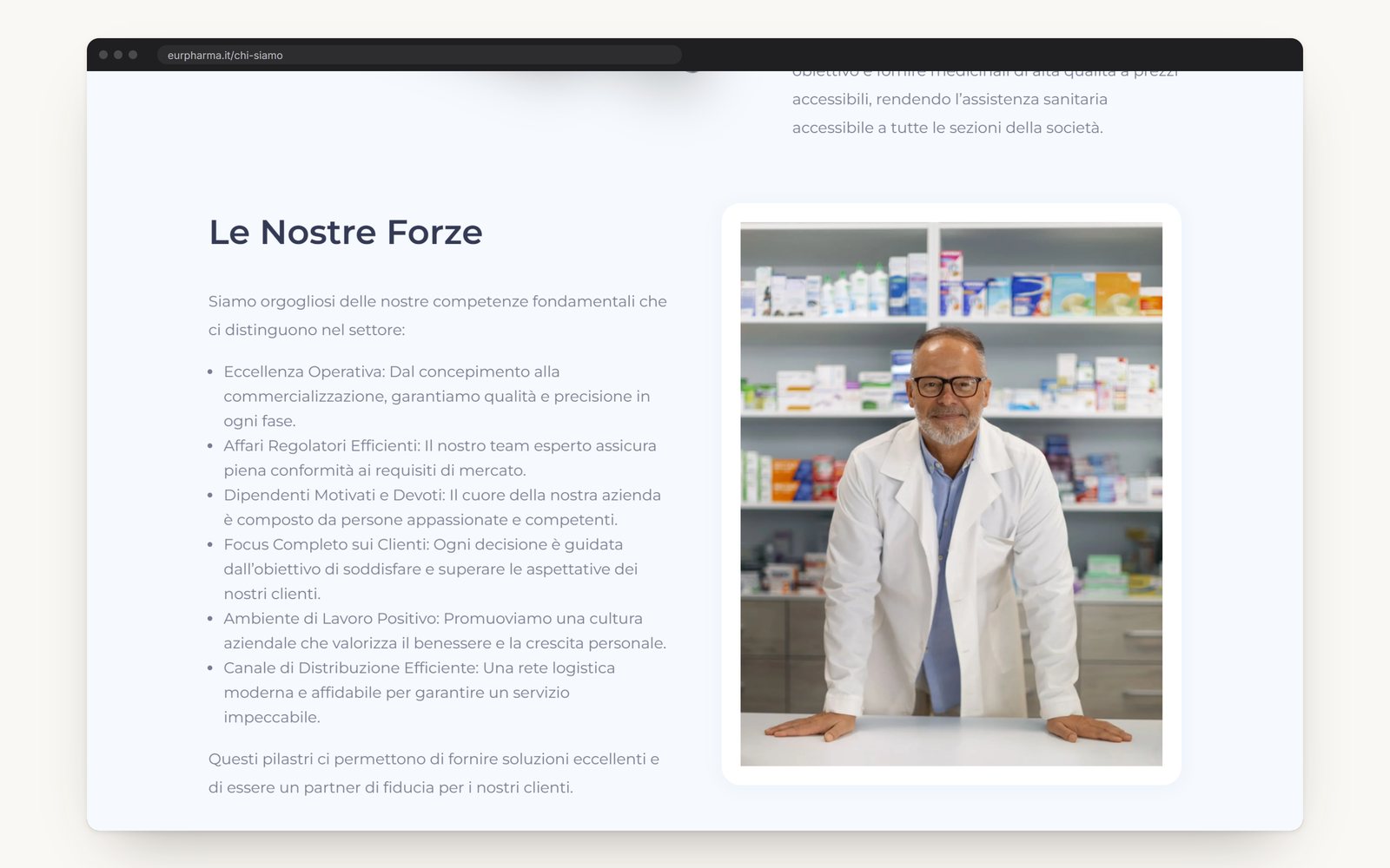 The Strengths section of the About page, a list beside a portrait of a pharmacist