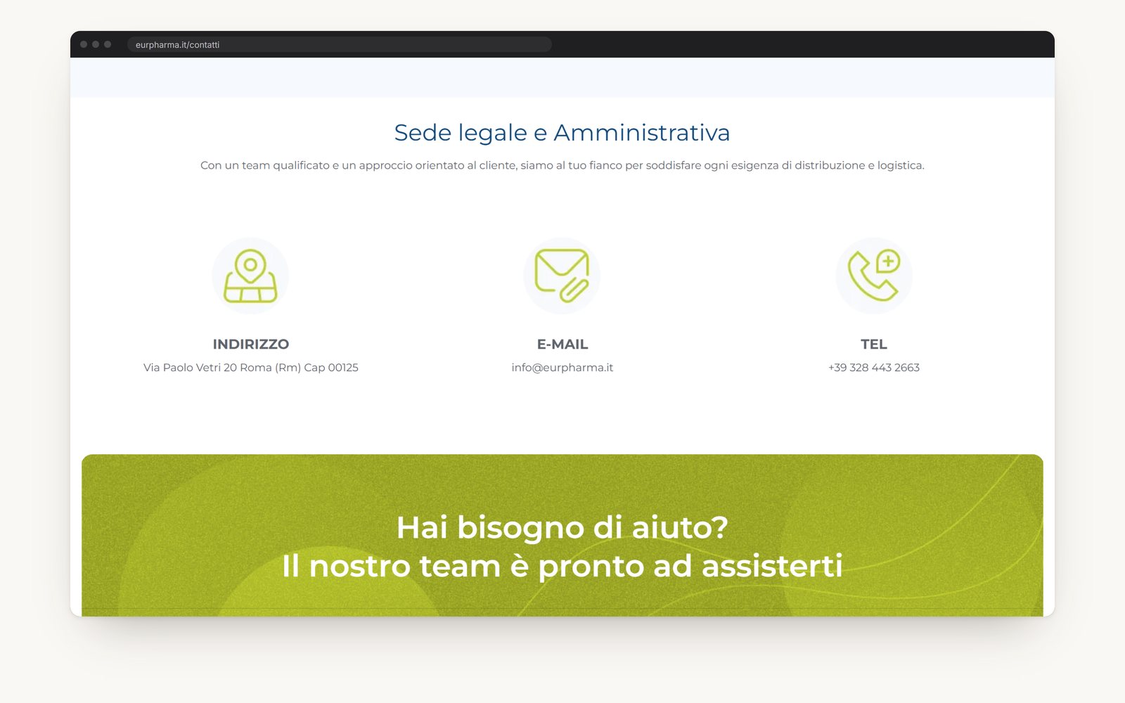 The contact details on the Contact page as three cards: address, email, phone