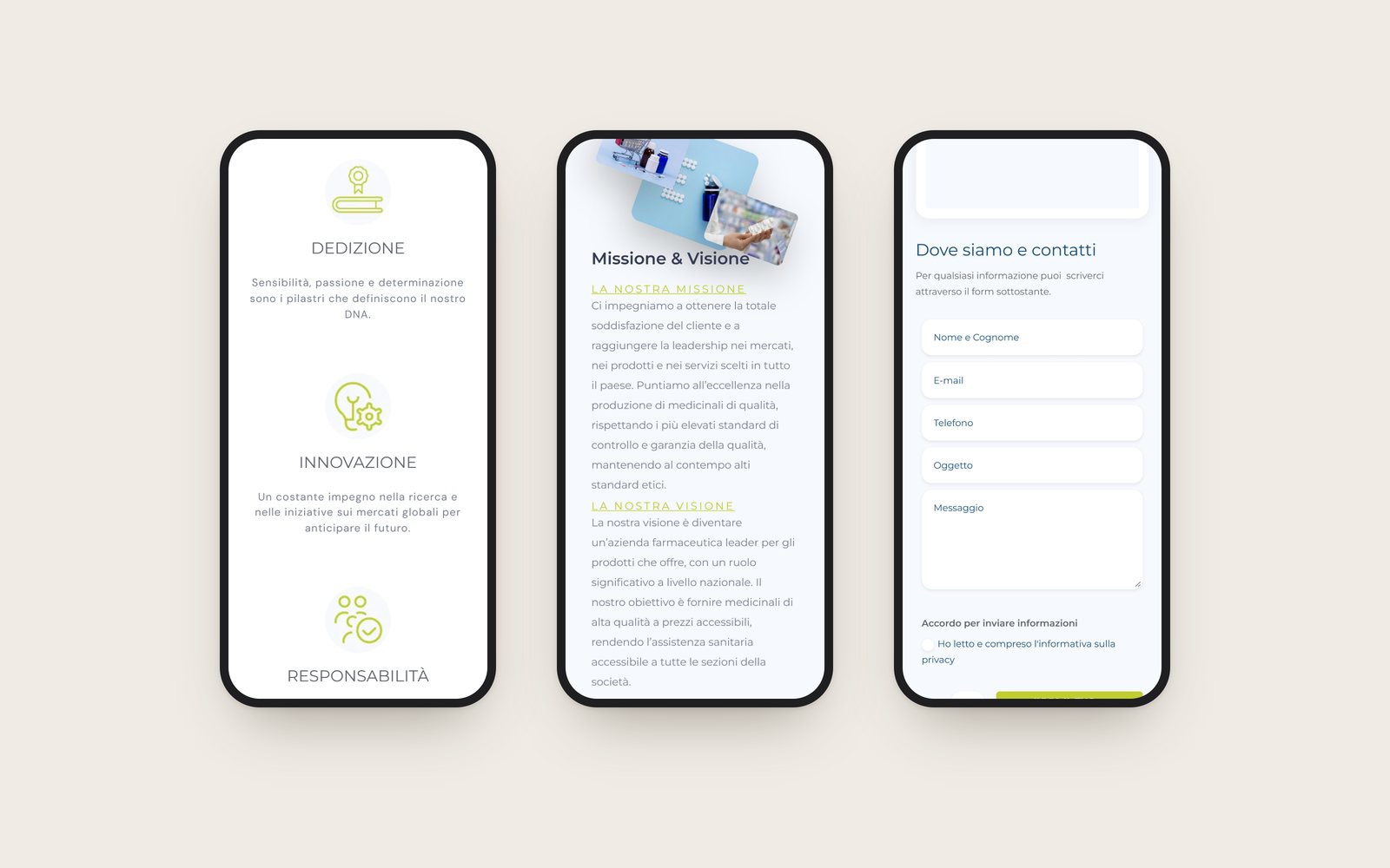 Three phone screens: the values, the mission and the contact form