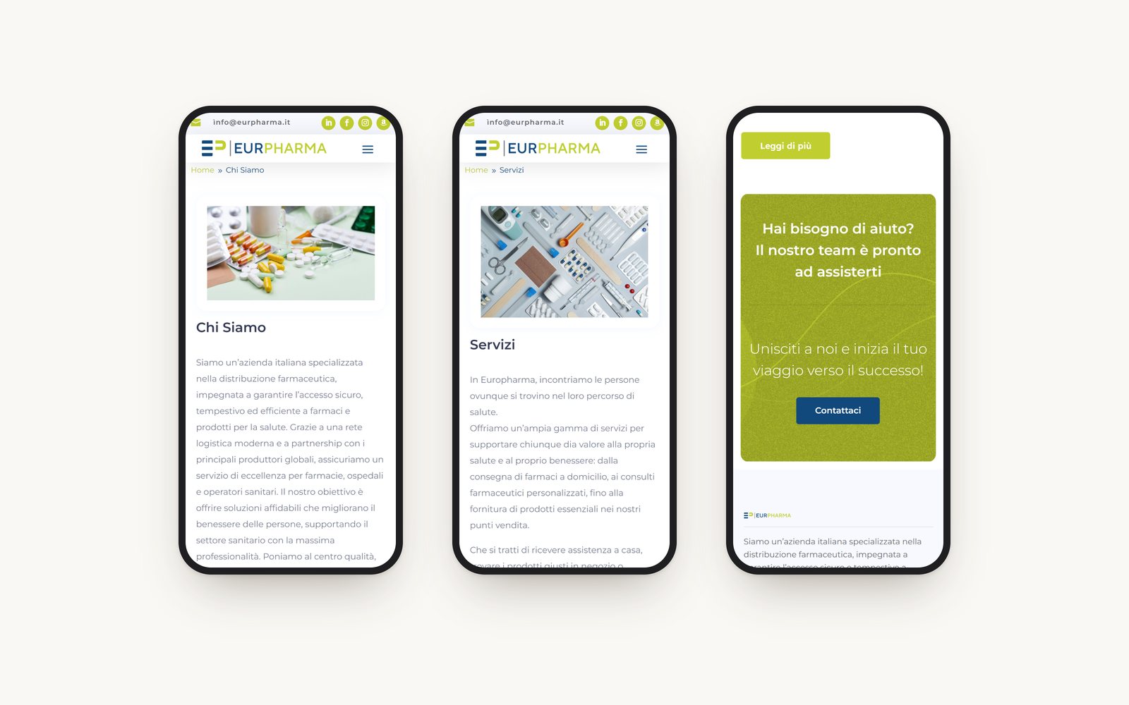Three phone screens: the About page, the Services page and the call to get in touch