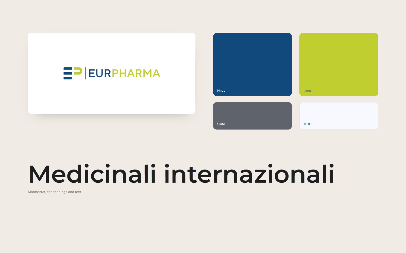 The Eurpharma brand: the logo, the colours navy, lime, slate and mist, and the Montserrat typeface