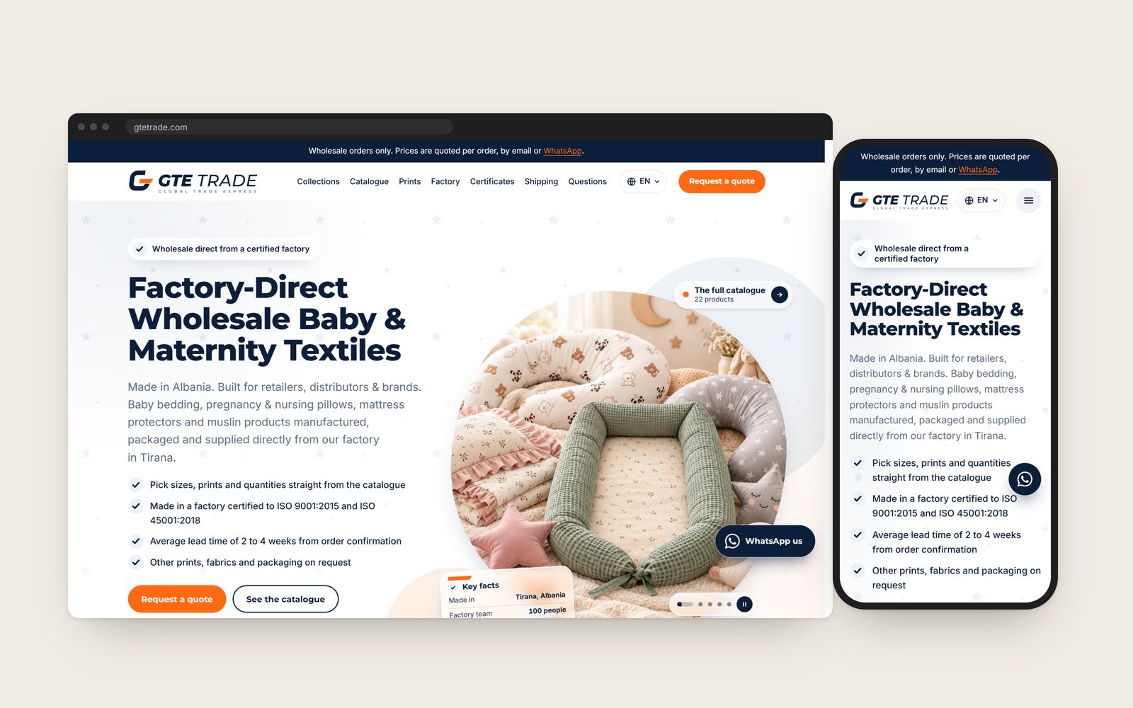 The GTE Trade home page in a browser, with the phone view beside it