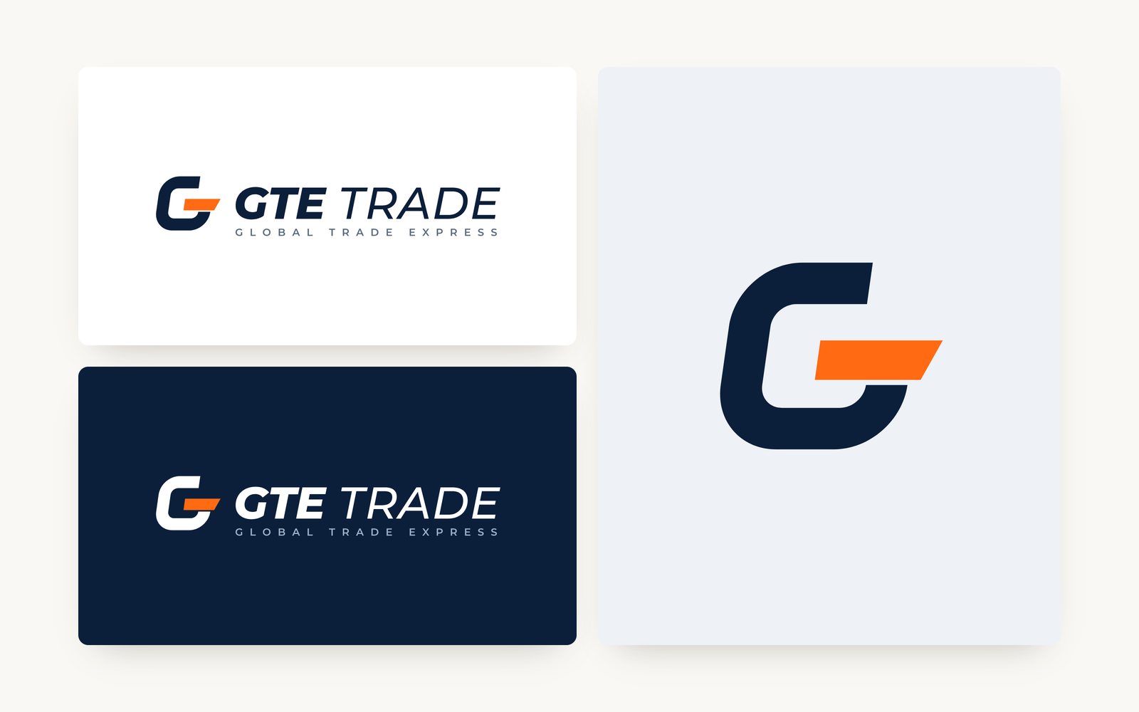 The GTE Trade logo on white and on navy, and its mark alone: a G crossed by an orange bar