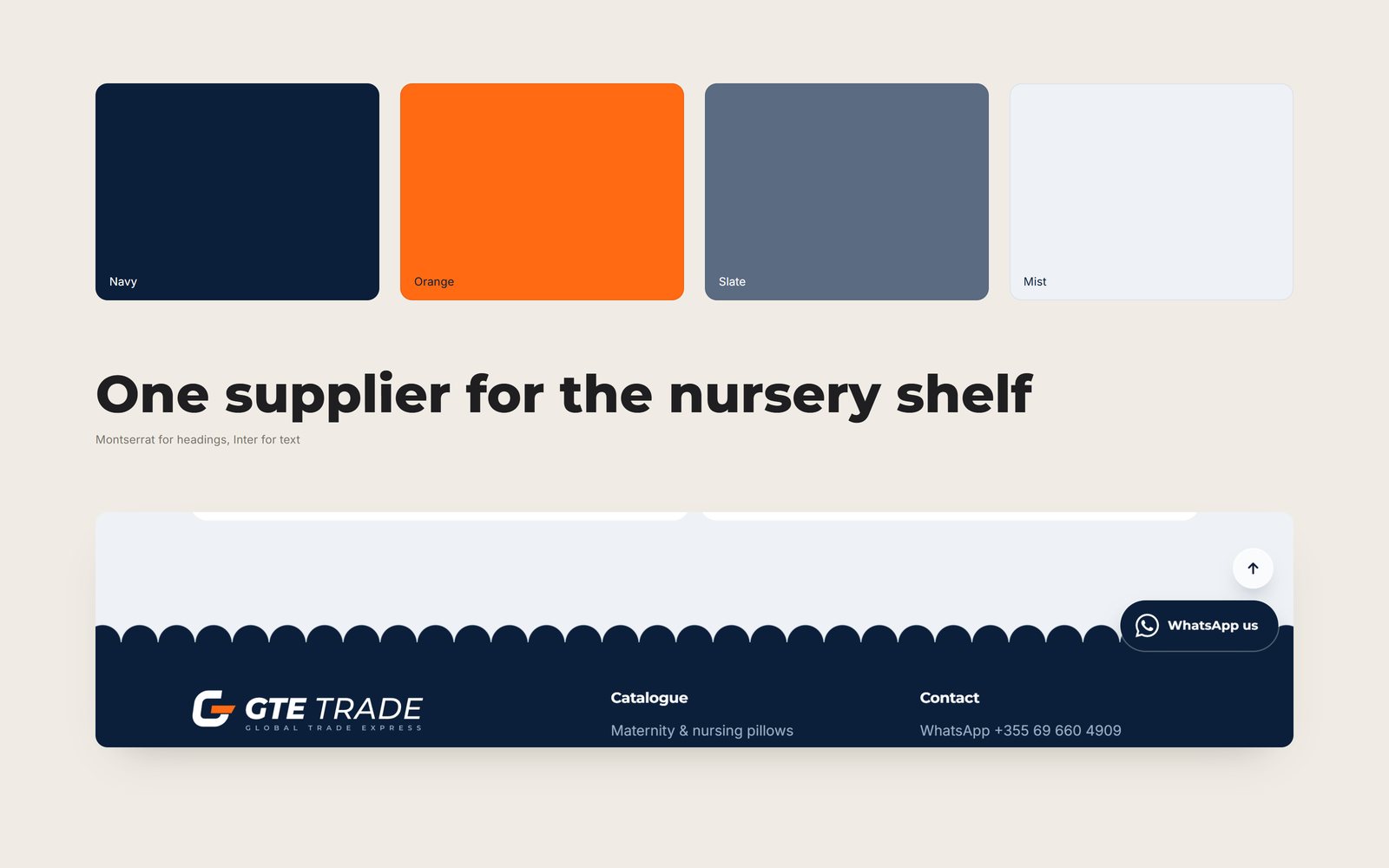 The GTE Trade colours navy, orange, slate and mist, the typeface Montserrat, and the scalloped edge of a section