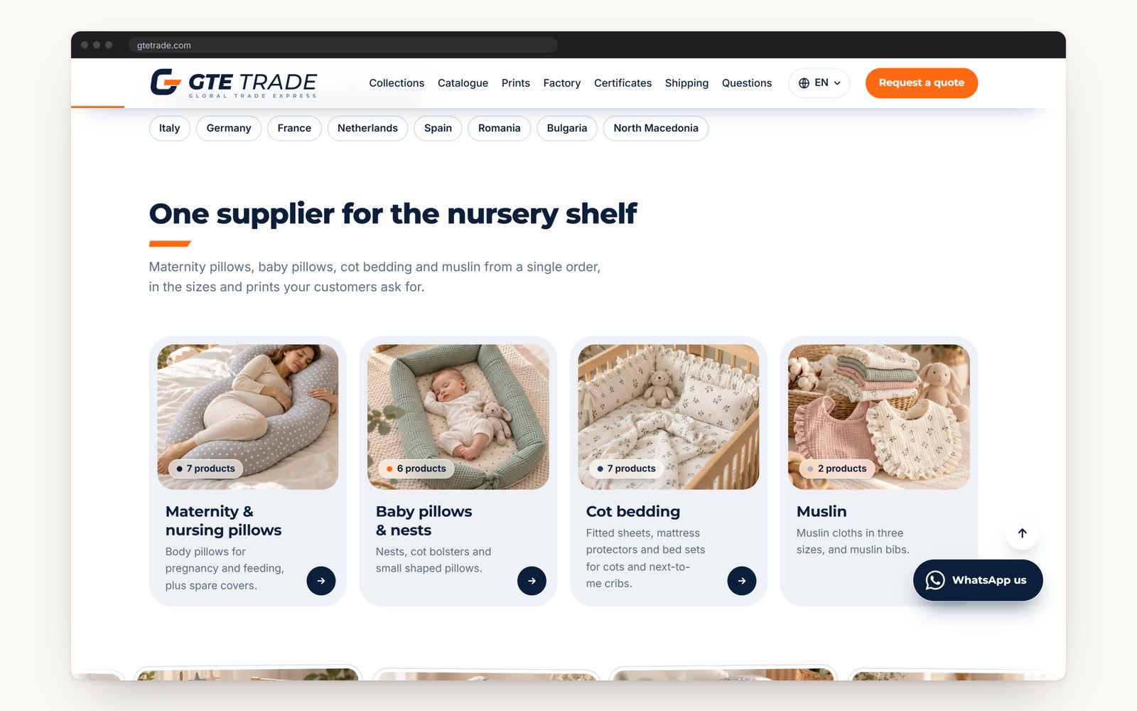 The four product families on the home page: maternity and nursing pillows, baby pillows and nests, cot bedding, muslin