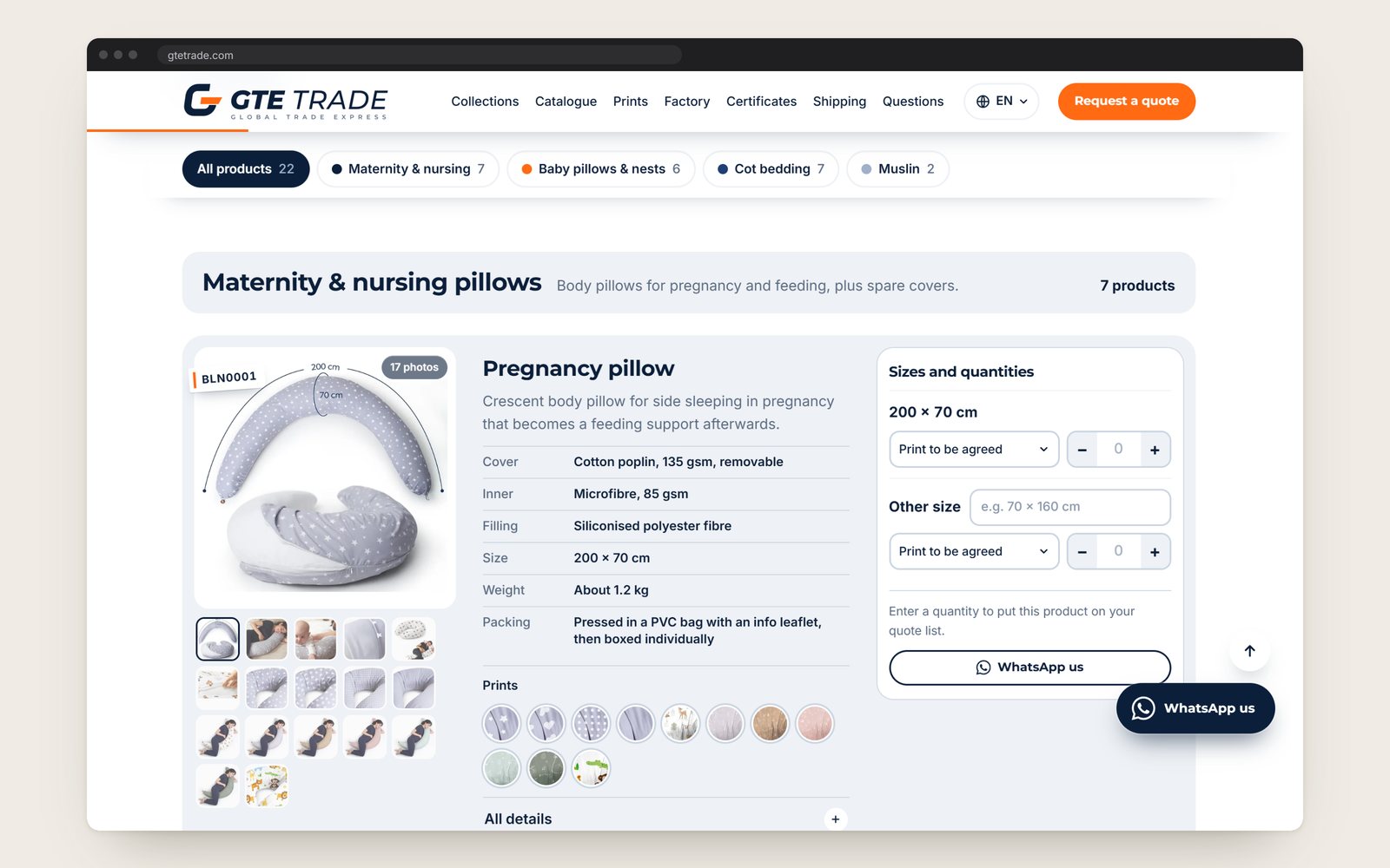A line of the catalogue: the pregnancy pillow with its order code, photos, materials, prints, sizes and quantity fields