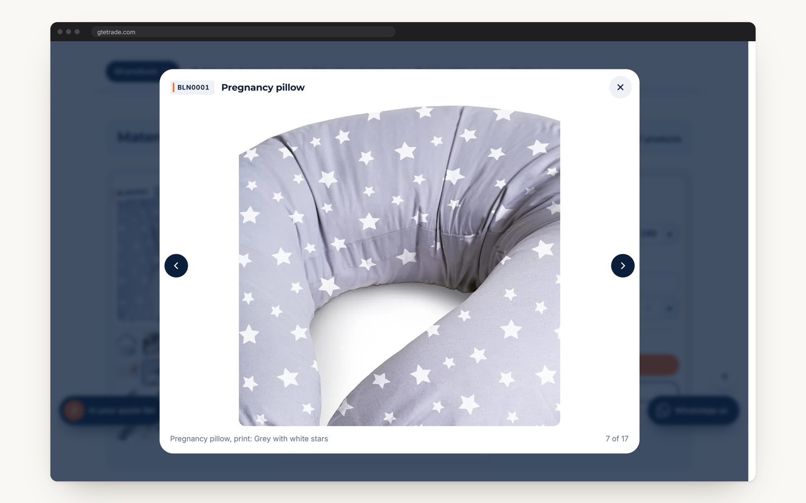 The photo viewer open on a pregnancy pillow in the grey print with white stars