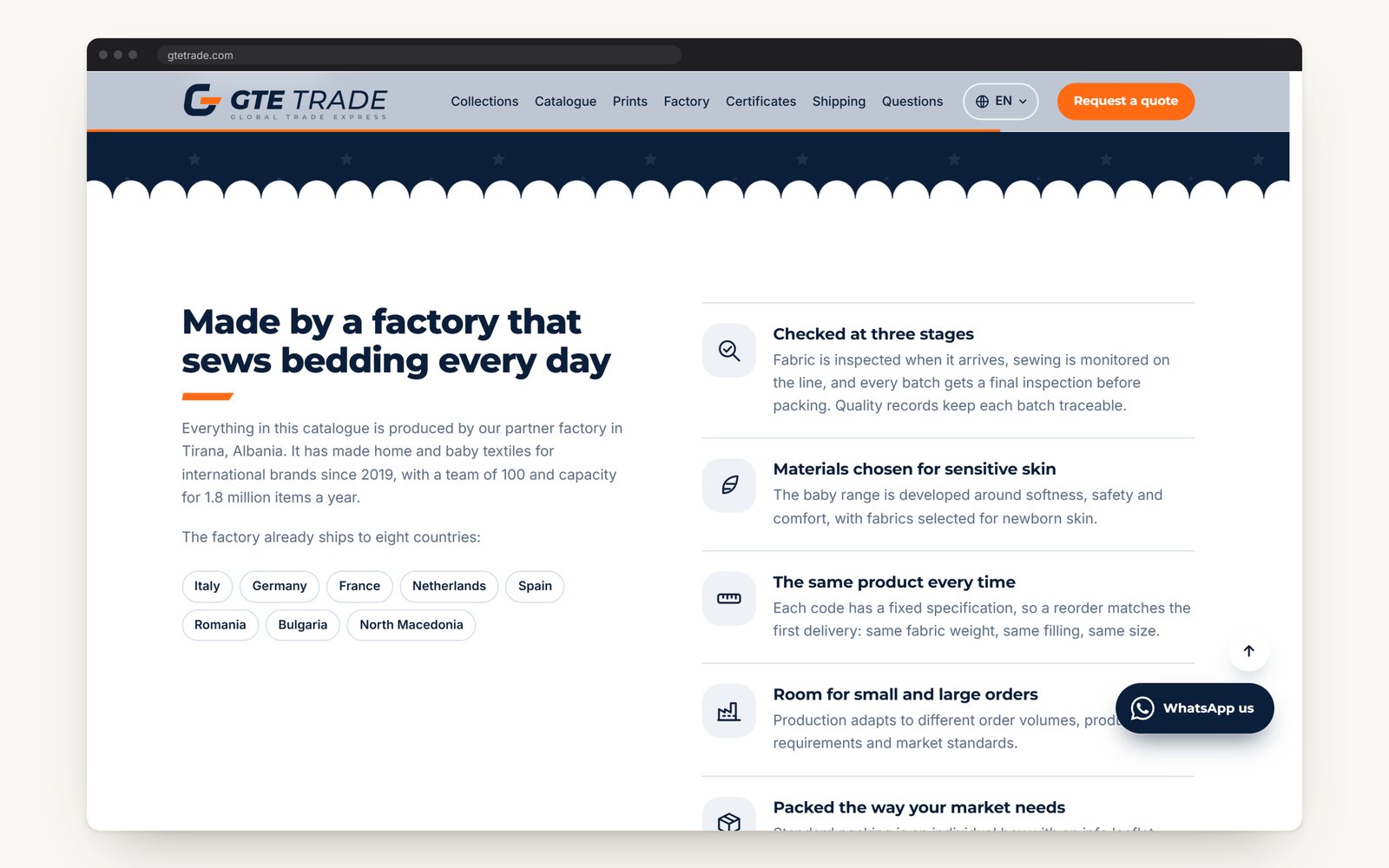 The factory section, with the eight countries it ships to