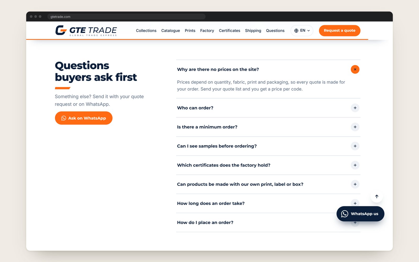 The buyers' questions, the first one open: why there are no prices on the site