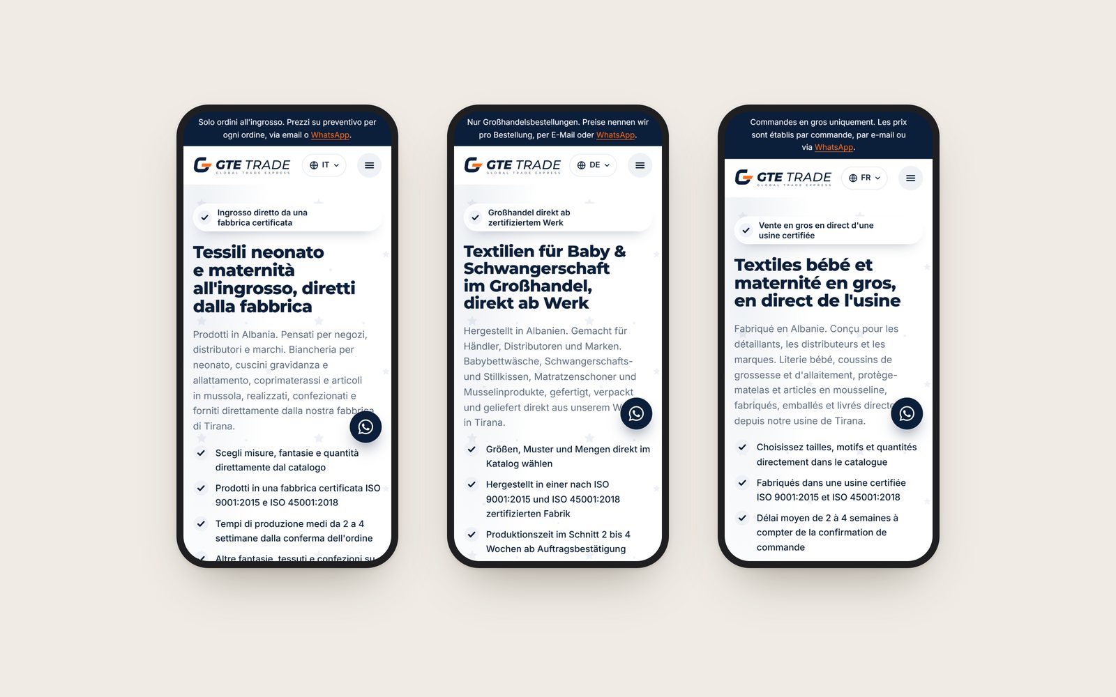 The home page on three phones, in Italian, German and French