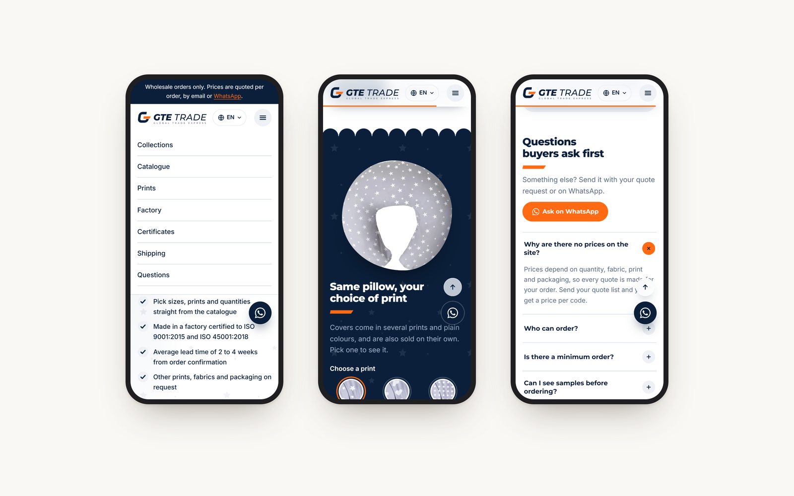 Three phone screens: the open menu, the print picker and the buyers' questions
