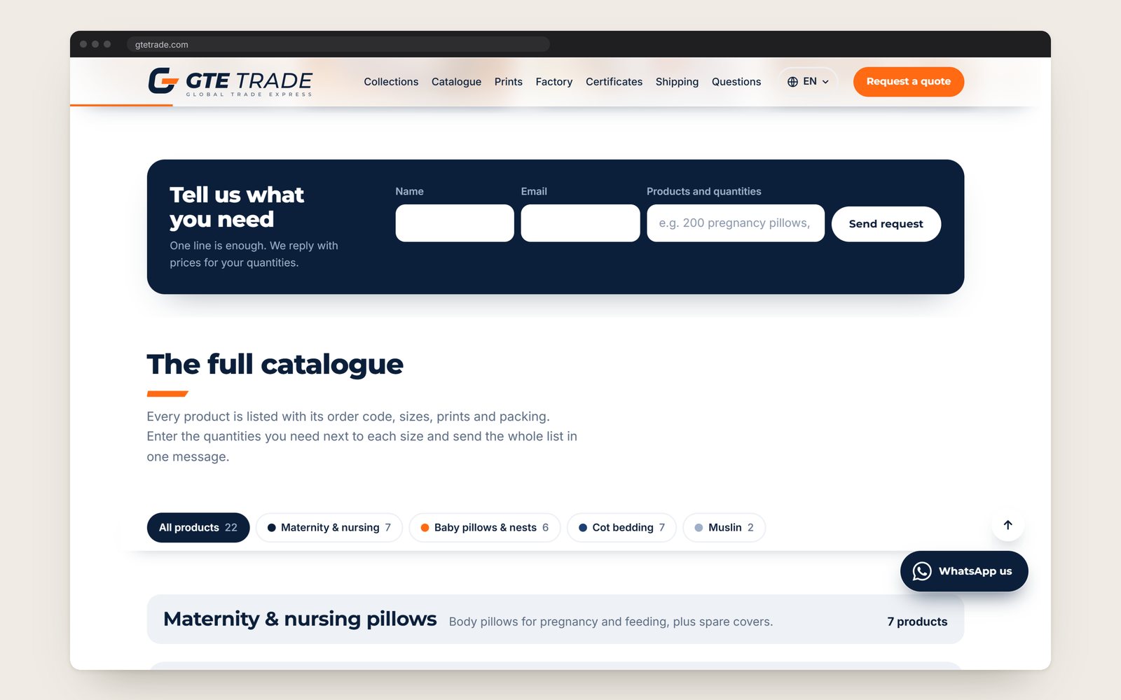 The short form above the catalogue: name, email and one line for products and quantities