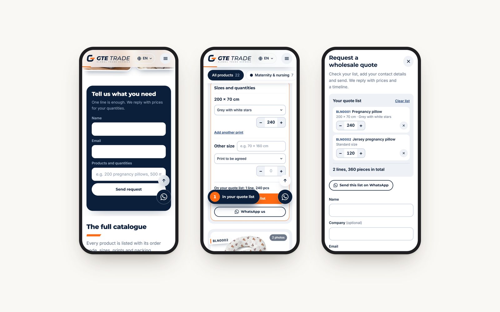 Three phone screens: the short form, quantities in the catalogue and the quote sheet