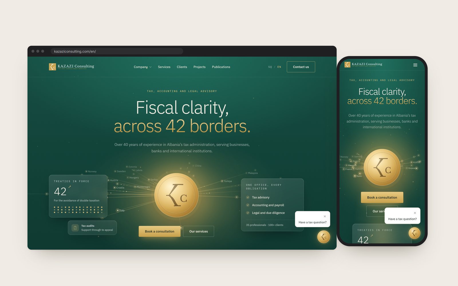 The Kazazi Consulting home page in English in a browser, with the phone view beside it: a gold medallion at the centre of lines to the treaty countries