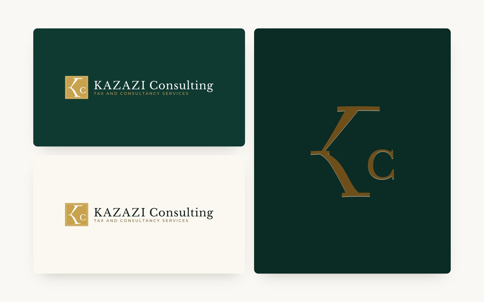 The Kazazi Consulting logo on deep green and on paper, and its K as a gold medallion
