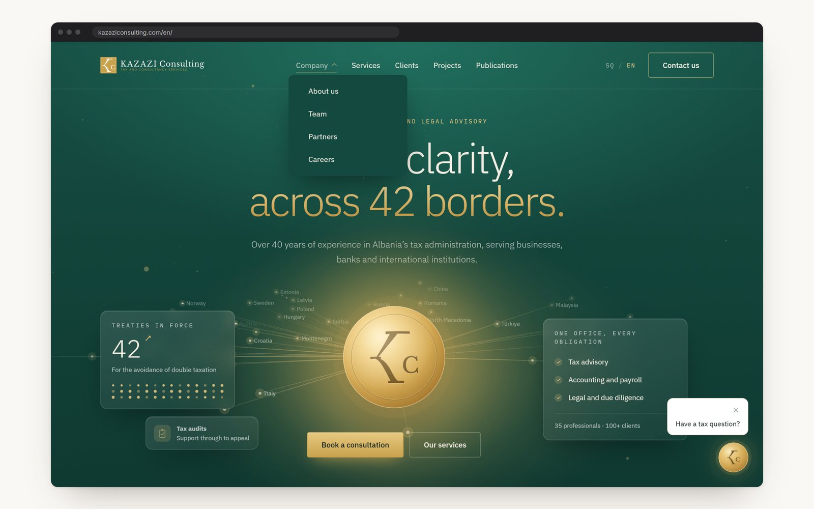 The first screen with the Company menu open: about us, team, partners, careers