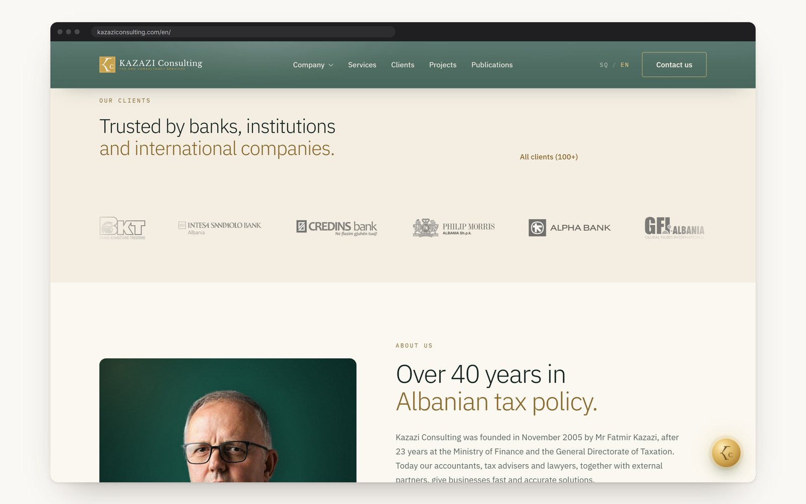 Client logos and the founder on the home page