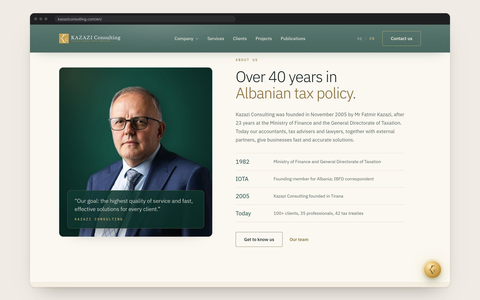 The founder, Fatmir Kazazi, and the firm's milestones from 1982