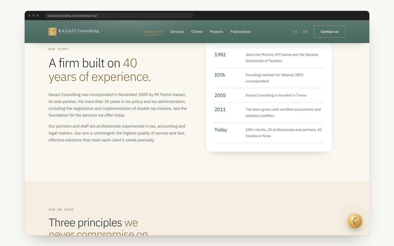 The about page: a firm built on 40 years of experience, with its timeline