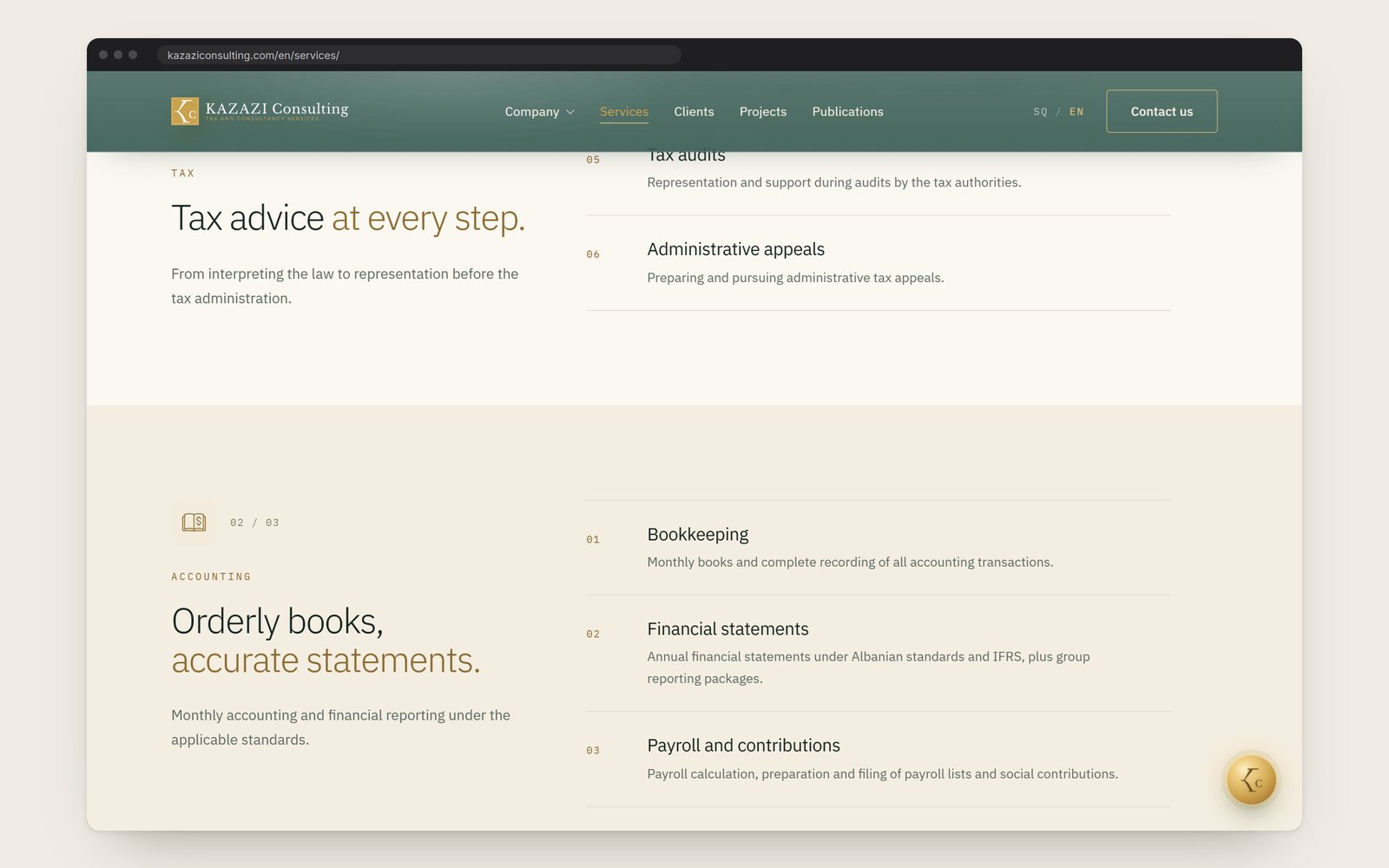 The services page: tax advice at every step, and accounting