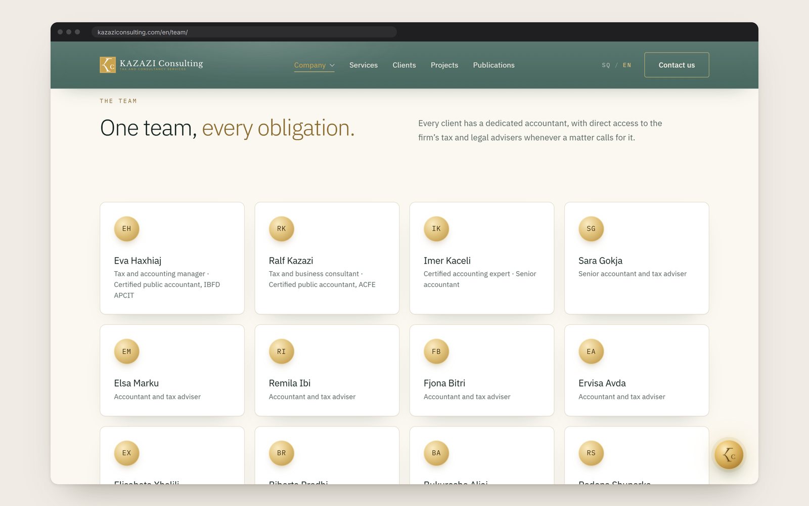 The team page: fifteen people with their roles and qualifications