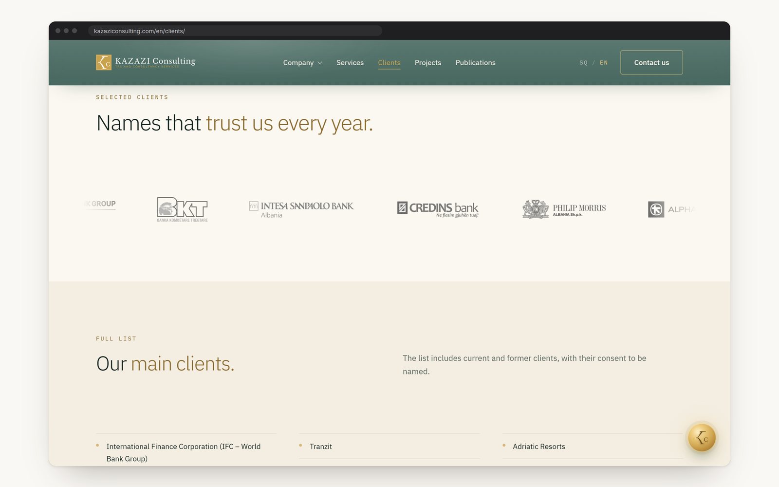 The clients page: logos in a band and the full list
