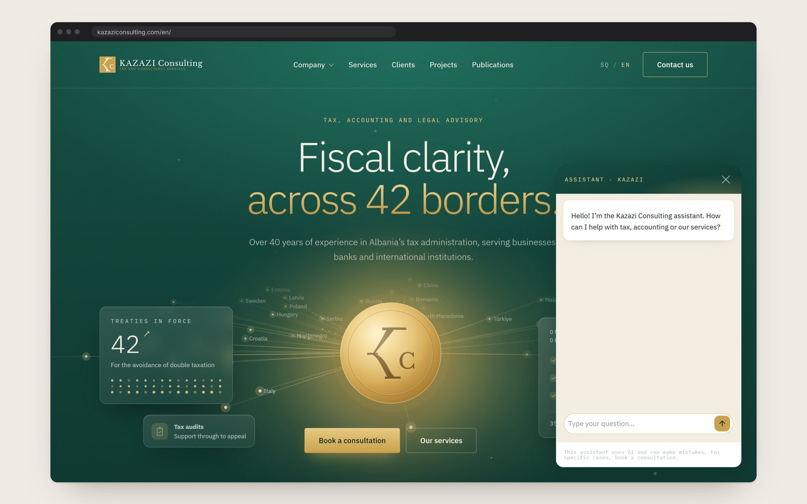 The assistant open over the first screen, with its welcome and the note that it uses AI