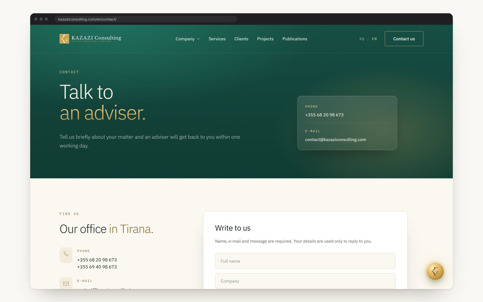 The contact page: phone and e-mail, the office and a short form