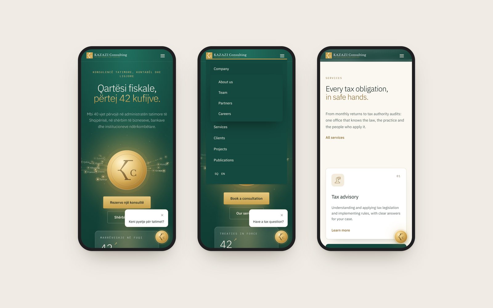 Three phone screens: the home page in Albanian, the menu and the services