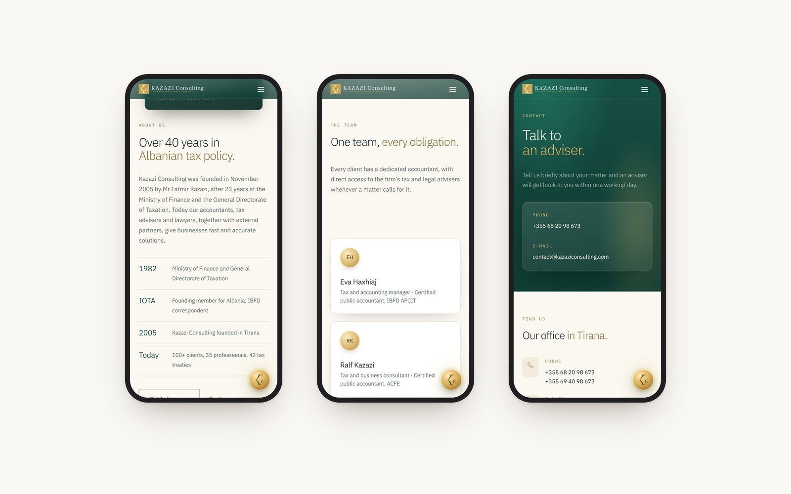 Three phone screens: the founder, the team and the contact page