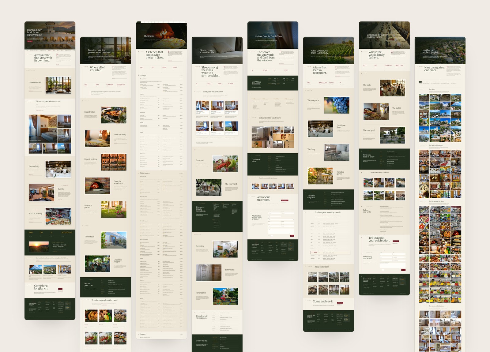 Eight English pages of the site at full length, side by side
