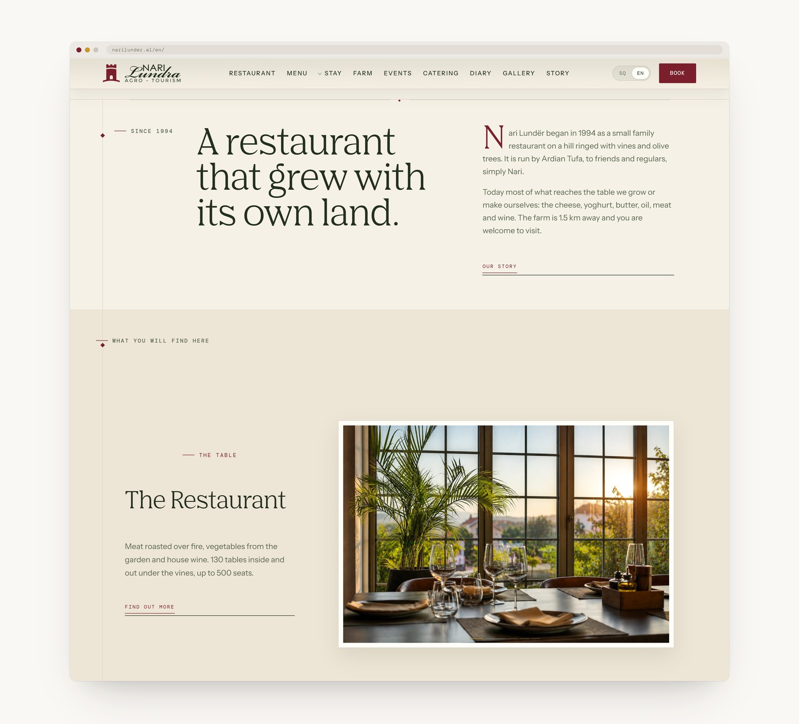 The English home page mid-scroll: the 1994 opening and the restaurant