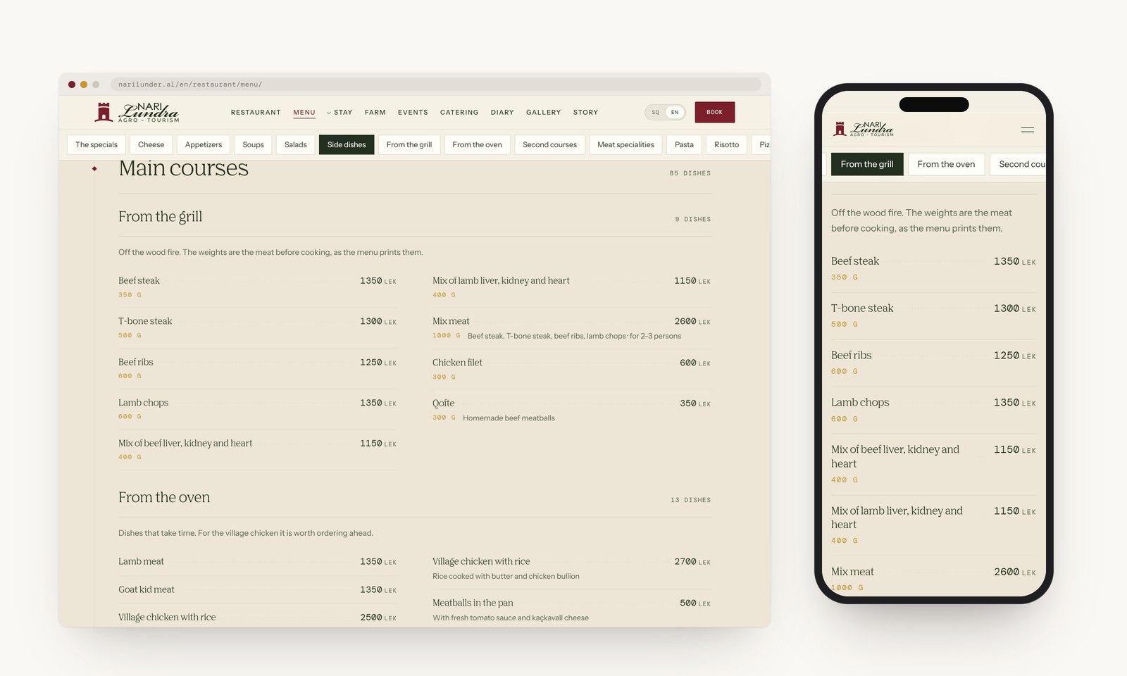 The menu with its prices on a desktop beside the same list on a phone