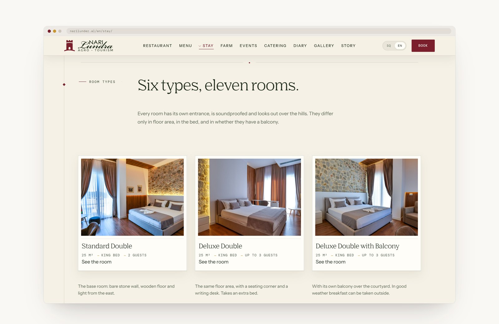 The guest house page with its room types