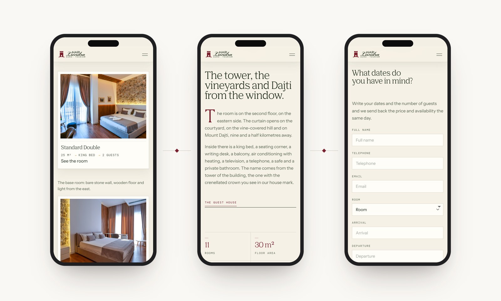 Three phones: the room list, a room page and its enquiry form