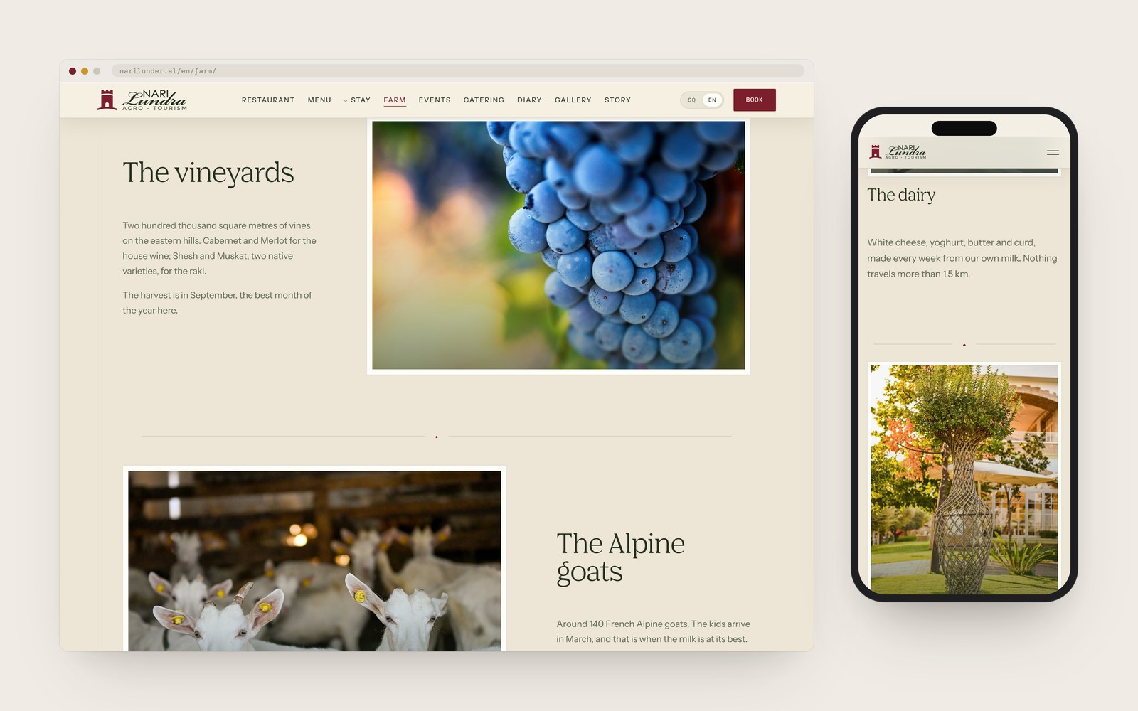 The farm page with the vineyards and the Alpine goats, and the dairy on a phone