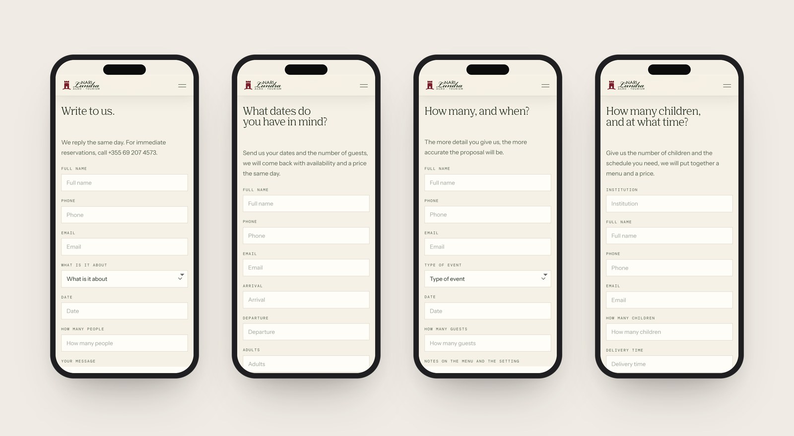 The four enquiry forms on four phones